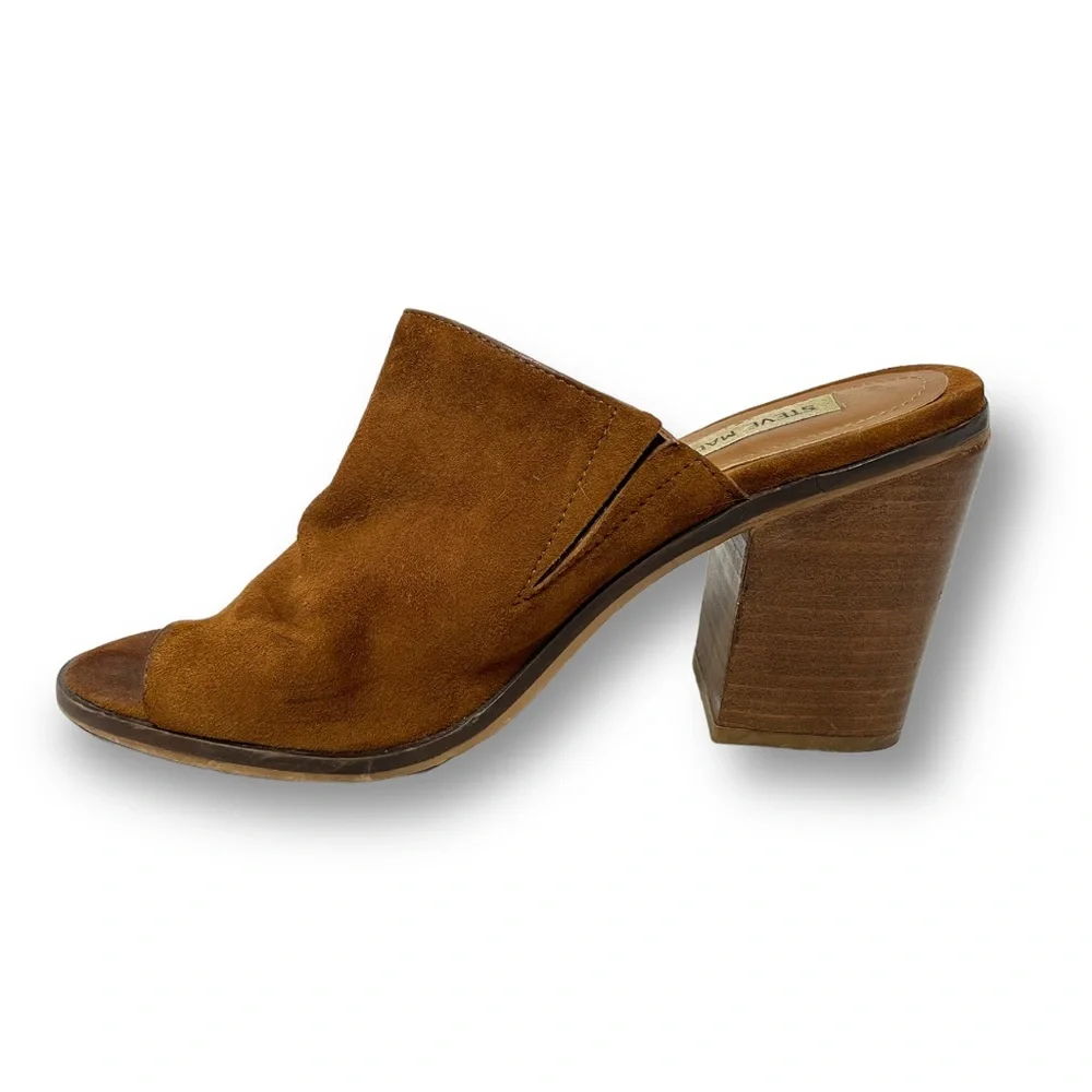 Steve Madden Krizia Size 9 Tan Suede Leather Chunky Heel Open Toe Mule Shoes - Picture 2 of 9